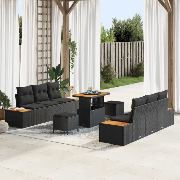 Set de canapea de gradina Gossi cu 9 piese cu perne negru ratan poli acacia, set de dining de gradina Gossi cu 3 piese cu perne negru ratan poli acacia