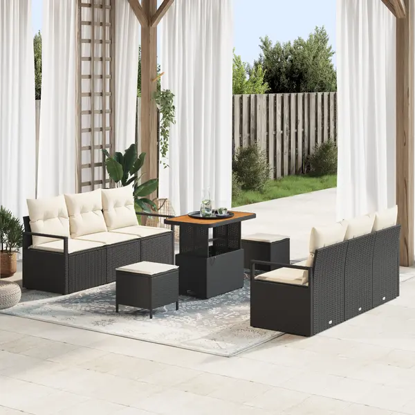 Set de canapea de gradina Gossi cu 9 piese, perne negre din rattan poli si acacia, set de canapea de gradina Gossi pentru 2 persoane, perne negre din rattan poli, set dining de gradina Gossi cu 3 piese, perne negre din rattan poli si acacia