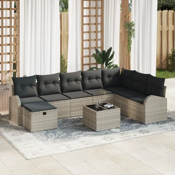 Set de canapea de gradina Gossi cu 9 piese si perne gri deschis din ratan polimer, canapea de gradina cu 2 locuri Gossi cu depozitare & perne gri deschis din ratan polimer