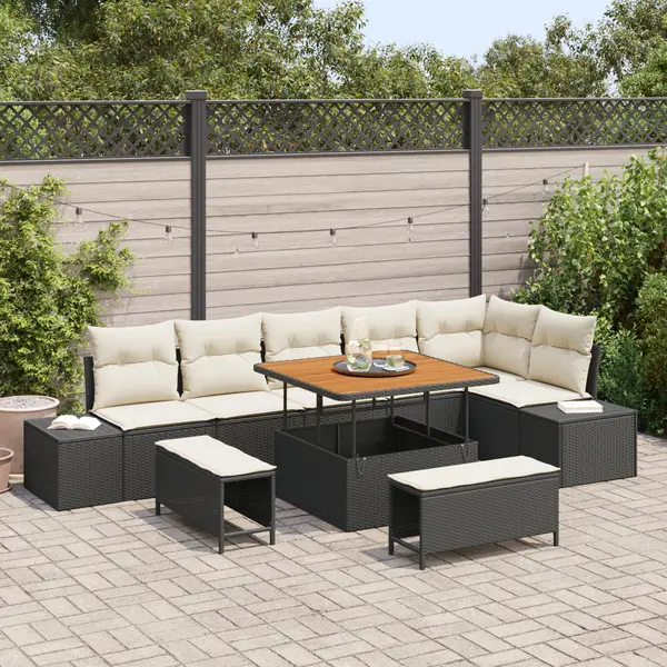 Set de canapea de gradina Gossi cu 9 piese si perne negru poliratan acacia, canapea de gradina cu 2 locuri Gossi cu depozitare si perne negru poliratan, set de dining de gradina cu 3 piese si perne Gossi negru poliratan acacia