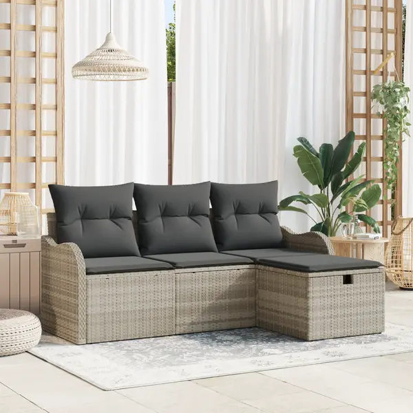 Set de canapea de gradina Gossi cu perne gri deschis din ratan poli, canapea de gradina Gossi pentru 2 persoane cu perne gri deschis din ratan poli