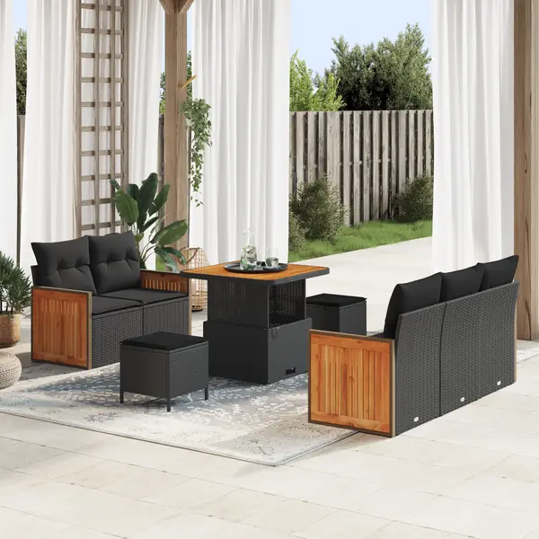 Set de canapea de gradina Gossi cu perne negre din ratan polimer si lemn de acacia, canapea de gradina Gossi cu 2 locuri si perne negre din ratan polimer, set de dining pentru gradina Gossi cu 3 piese si perne negre din ratan polimer si lemn de acacia