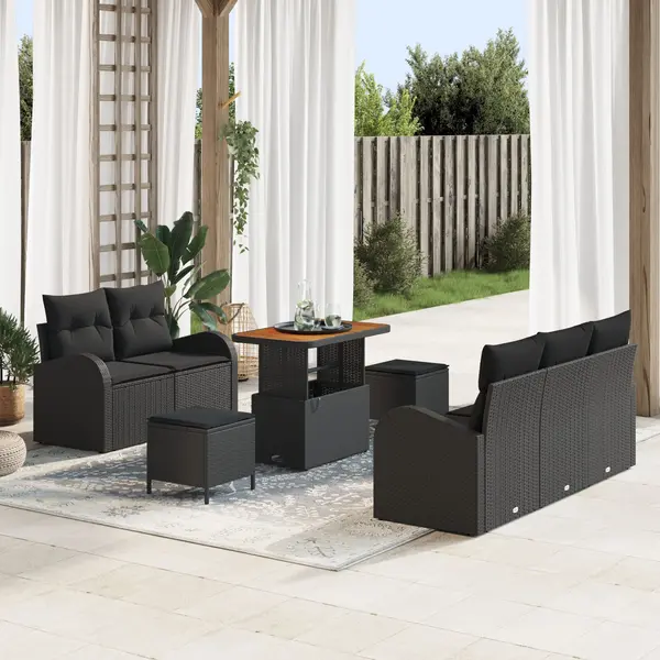 Set de canapea de gradina Gossi cu perne negru polirat acacia, canapea de gradina Gossi cu 2 locuri cu depozitare si perne negru polirat, set de masa de gradina Gossi cu 3 piese cu perne negru polirat acacia