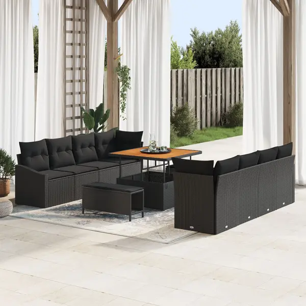Set de canapea de gradina Gossi cu perne, negru poliratan acacia, canapea de gradina Gossi cu 2 locuri si perne, negru poliratan, set de dining de gradina Gossi cu 3 piese si perne, negru poliratan acacia