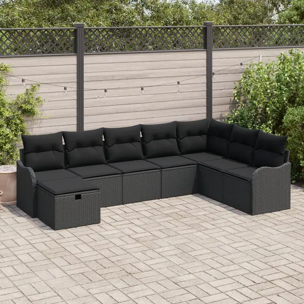 Set de canapea de gradina Gossi cu perne ratan poli negru, canapea de gradina Gossi cu 2 locuri perne ratan poli negru