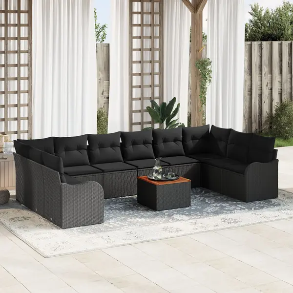 Set de canapea de gradina Gossi cu pernute, 11 piese, negru, poliratan, acacia, canapea de gradina Gossi cu pernute, 2 piese, negru, poliratan