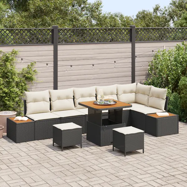 Set de canapea de gradina Gossi cu pernute negru poliratan acacia, set de masa si canapea de gradina Gossi cu pernute negru poliratan acacia