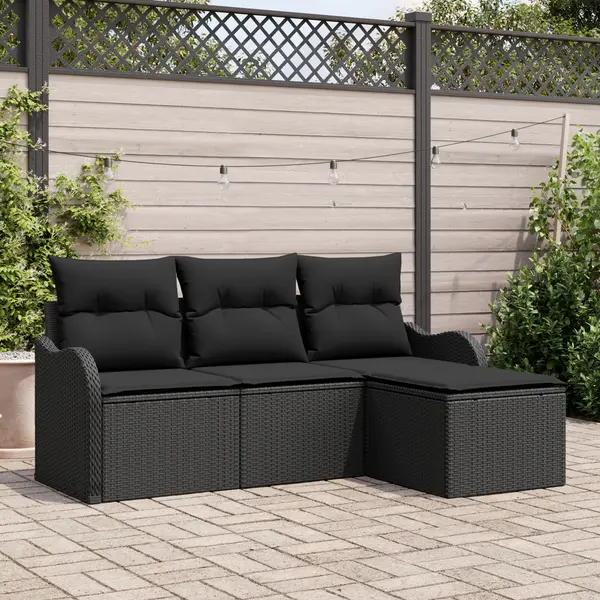 Set de canapea de gradina Gossi cu pernute ratan polimeric negru, canapea de gradina Gossi cu doi locuri, cu spatiu de stocare si pernute negru ratan polimeric