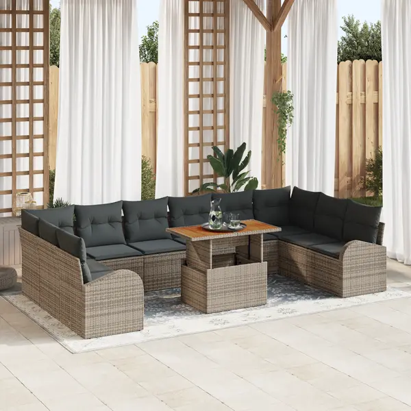 Set de canapea de gradina Gossi de 11 piese cu perne gri din ratan polimer, canapea de gradina pentru doua persoane Gossi cu depozitare si perne gri din ratan polimer