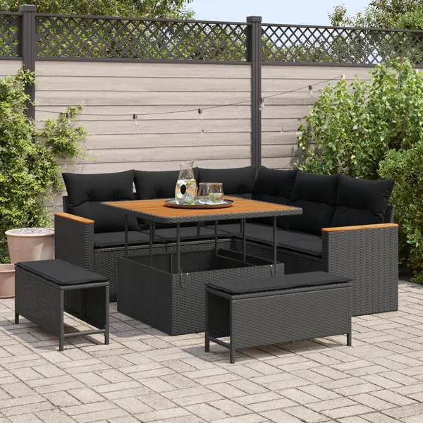Set de canapea de gradina Gossi din 8 piese cu perne negru ratan poli, set de dining de gradina Gossi din 3 piese cu perne negru ratan poli