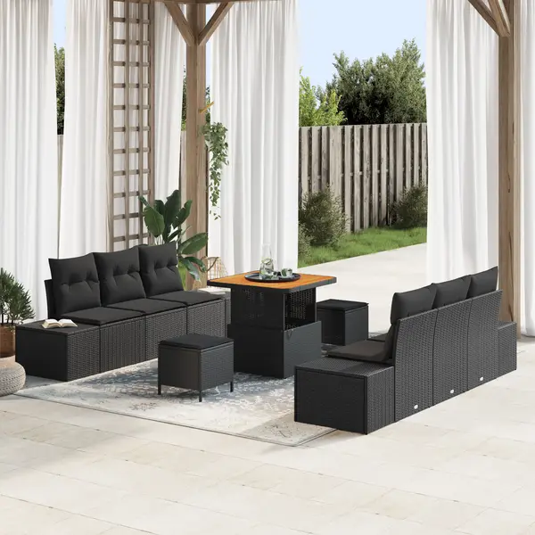 Set de canapea de gradina Gossi din 9 piese cu perne, ratan negru, acacia, canapea de gradina Gossi cu 2 locuri si perne, ratan negru, acacia, set dinning de gradina Gossi din 3 piese cu perne, ratan negru, acacia