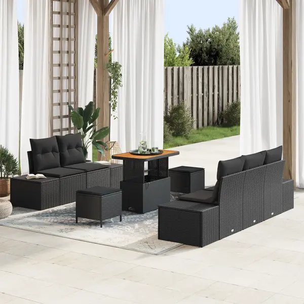 Set de canapea din gradina Gossi cu 8 piese cu perne negru poliratan acacia, canapea de gradina Gossi cu 2 locuri cu perne negru poliratan, set de dining de gradina Gossi cu 3 piese cu perne negru poliratan acacia