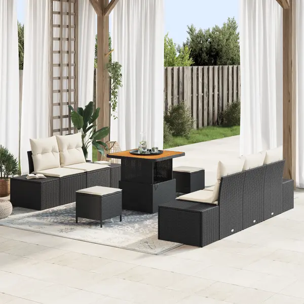 Set de canapea din gradina Gossi cu 8 piese cu perne negru ratan polimeric acacia, canapea din gradina Gossi cu 2 locuri cu perne negre ratan polimeric, set de dining din gradina Gossi cu 3 piese cu perne negre ratan polimeric acacia