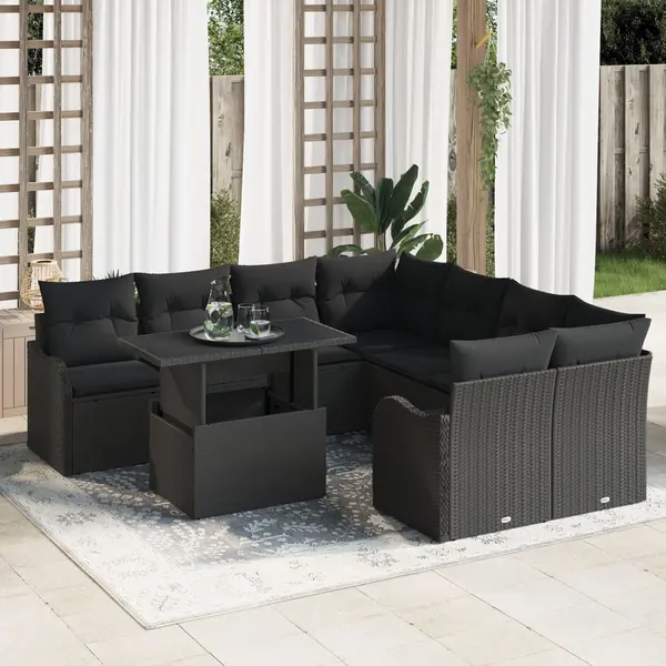 Set de canapea gradina cu 9 piese cu perne ratan poly negru Gossi, canapea de gradina cu 2 locuri cu perne ratan poly negru Gossi