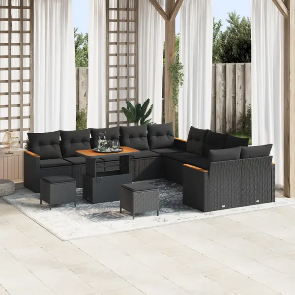 Set de canapea gradina Gossi 13 piese cu pernute negru ratan polimer acacia, set dining gradina Gossi 3 piese cu pernute negru ratan polimer acacia