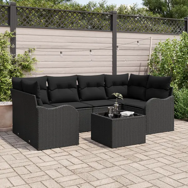 Set de canapea gradina Gossi 7 piese perne negru ratan polimeric, canapea gradina Gossi doua locuri cu spatiu depozitare si perne negru ratan polimeric