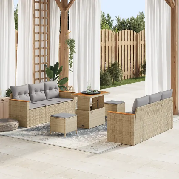 Set de canapea gradina Gossi 9 piese cu perne bej ratan acacia, set de dining gradina Gossi 3 piese cu perne bej ratan acacia
