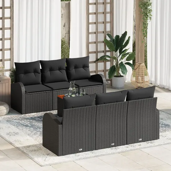 Set de canapea gradina Gossi cu perne 7 piese ratan poliester negru acacia, canapea gradina Gossi cu 2 locuri si spatiu de depozitare & perne ratan poliester negru