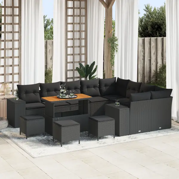 Set de canapea gradina Gossi de 13 piese cu perne negru poliratan acacia, set de dining pentru gradina Gossi de 4 piese cu perne negru poliratan acacia