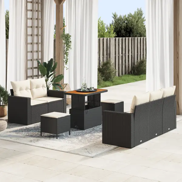 Set de canapea pentru gradina 8 piese cu perne negre din poliratan acacia, set de dining pentru gradina 3 piese cu perne negre din poliratan acacia