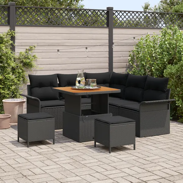 Set de canapea pentru gradina 8 piese cu perne negru poliratan acacia, canapea de gradina cu 2 locuri cu perne negru poliratan, set de dining pentru gradina 3 piese cu perne negru poliratan acacia