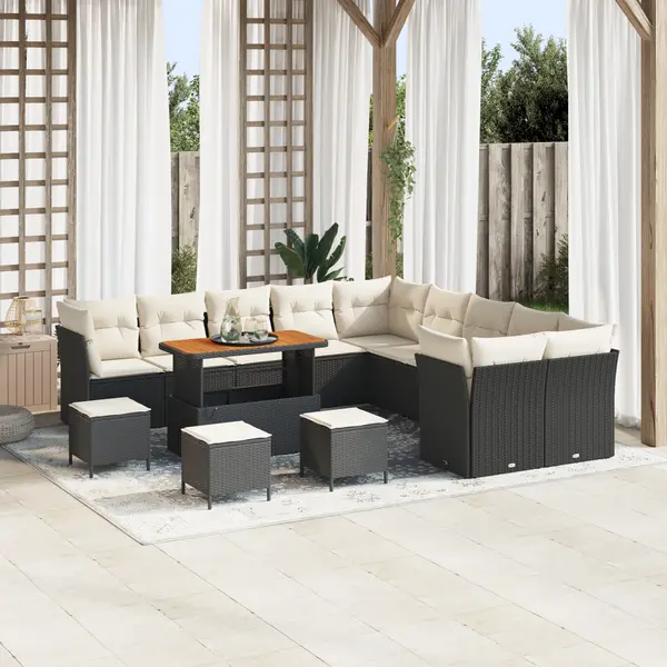 Set de canapea pentru gradina de 14 piese cu perne crem din poliratan negru si acacia, set de dining pentru gradina de 4 piese cu perne crem din poliratan negru si acacia