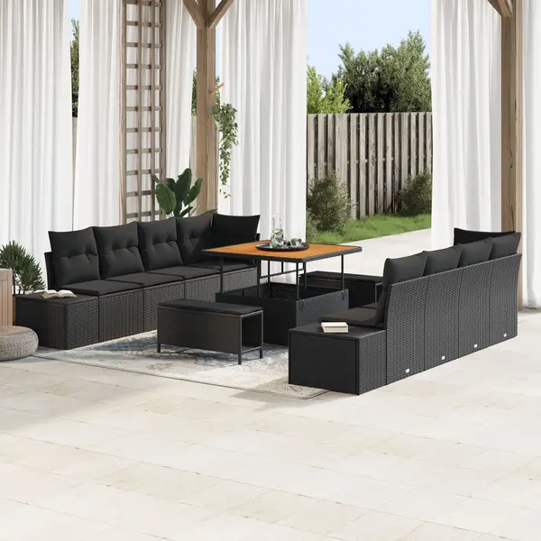 Set de canapea pentru gradina Gossi 11 piese cu perne, negru, poliratan, acacia, canapea de gradina Gossi pentru 2 persoane cu perne, negru, poliratan, set de dining pentru gradina Gossi 3 piese cu perne, negru, poliratan, acacia