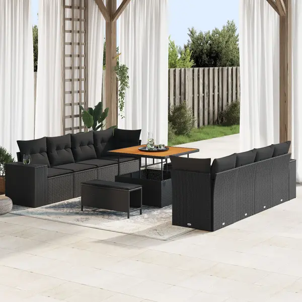 Set de canapea pentru gradina Gossi 11 piese cu perne negru poliratan acacia, set de dining pentru gradina Gossi 3 piese cu perne negru poliratan acacia