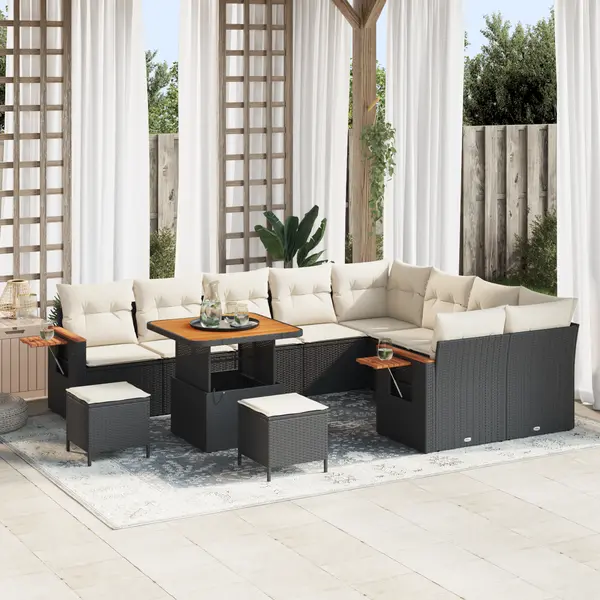 Set de canapea pentru gradina Gossi 12 piese cu perne negru ratan poli acacia, set de dining pentru gradina Gossi 3 piese cu perne negru ratan poli acacia