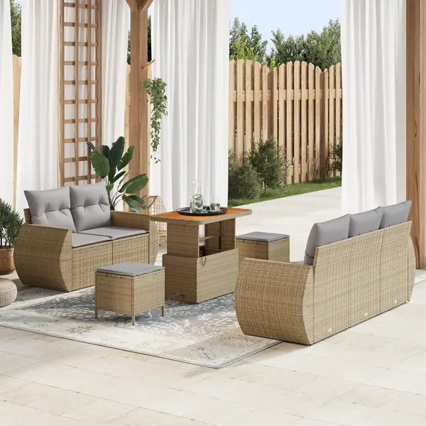 Set de canapea pentru gradina Gossi 8 piese cu perne bej din poliratan acacia, set de dining pentru gradina Gossi 3 piese cu perne bej din poliratan acacia