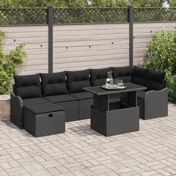 Set de canapea pentru gradina Gossi 8 piese cu perne negru poliratan, set de canapea pentru gradina Gossi 2 locuri cu perne negru poliratan