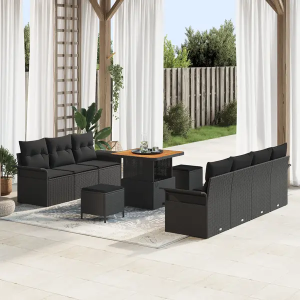 Set de canapea pentru gradina Gossi cu 10 piese cu pernute negru poliratan acacia, canapea pentru gradina Gossi cu 2 locuri cu pernute negru poliratan, set de masa pentru gradina Gossi cu 3 piese cu pernute negru poliratan acacia