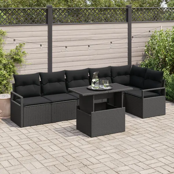 Set de canapea pentru gradina Gossi cu 7 piese si perne ratan negru, canapea pentru gradina Gossi cu 2 locuri si depozitare & perne ratan negru