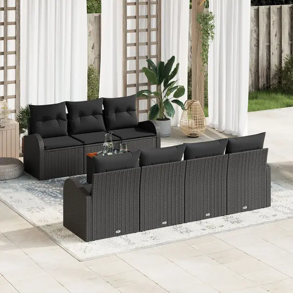 Set de canapea pentru gradina Gossi cu 8 piese cu perne negru ratan poli acacia, set de canapea pentru gradina Gossi cu 2 locuri cu spatiu de depozitare & perne negru ratan poli