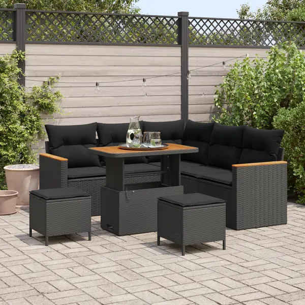 Set de canapea pentru gradina Gossi cu perne, 8 piese, negru, ratan poli, acacia, set de dining pentru gradina Gossi cu perne, 3 piese, negru, ratan poli, acacia
