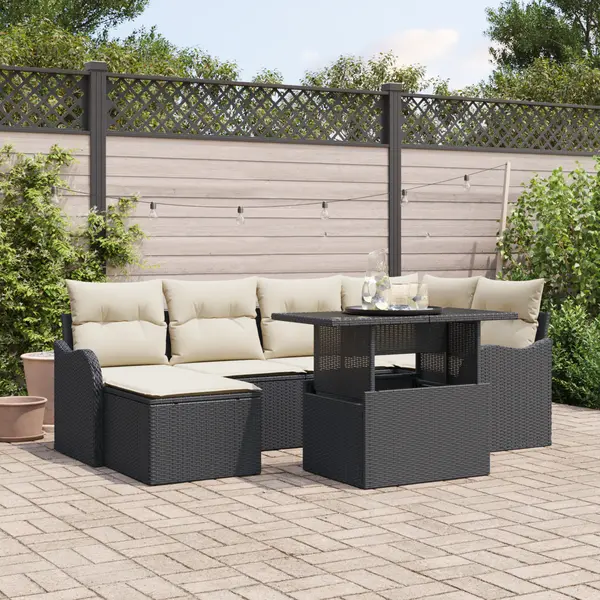 Set de canapele de gradina Gossi 7 piese cu perne, poliratan negru, canapea de gradina Gossi cu 2 locuri, cu depozitare si perne, poliratan negru