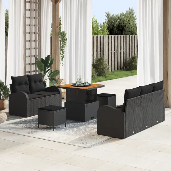 Set de canapele de gradina Gossi 8 piese cu perne negru poli ratan acacia, sofa de gradina Gossi cu 2 locuri cu perne negru poli ratan, set de dining de gradina Gossi 3 piese cu perne negru poli ratan acacia