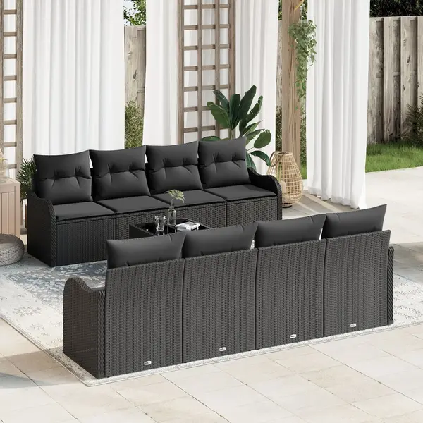 Set de canapele de gradina Gossi cu 9 piese si perne negru ratan poli, canapea de gradina cu 2 locuri Gossi si perne negru ratan poli