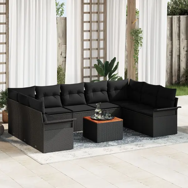 Set de canapele de gradina Gossi de 10 piese cu perne, negru, poliratan, acacia, canapea de gradina Gossi cu 2 locuri si depozitare & perne, negru, poliratan