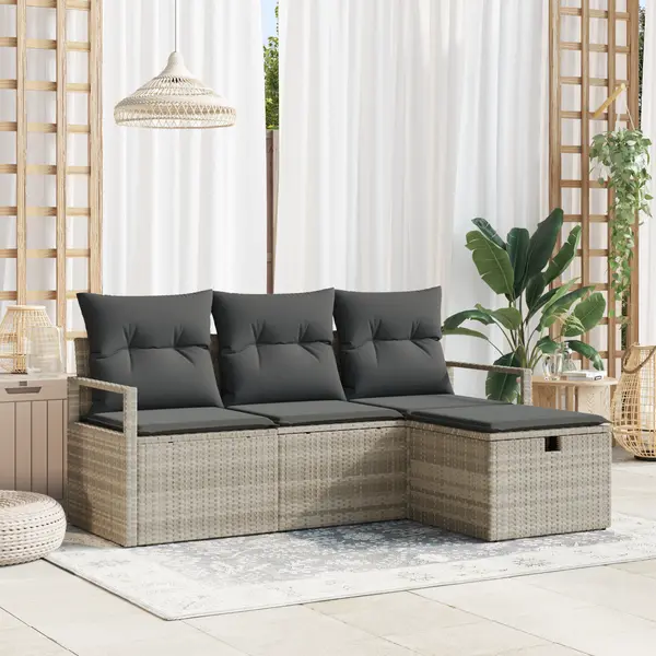 Set de canapele de gradina Gossi din 4 piese cu perne gri deschis din ratan, canapea de gradina Gossi cu 2 locuri cu perne gri din ratan