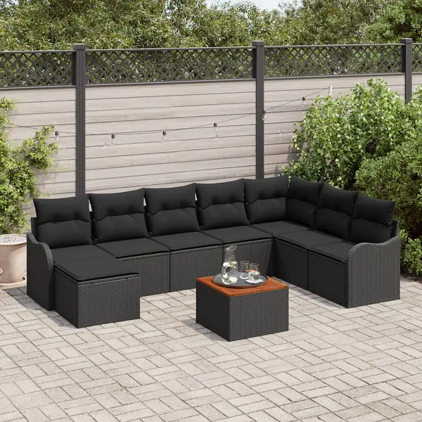 Set de canapele pentru gradina 9 piese cu perne negru ratan polimer acacia, canapea pentru gradina cu capacitate de 2 persoane negru ratan polimer