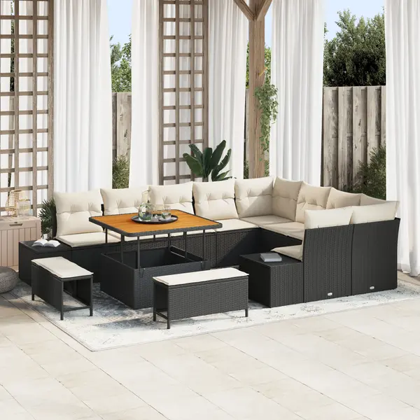 Set de canapele pentru gradina cu 12 piese si perne negru rattan poliester acacia, set de masa pentru gradina cu 3 piese si perne negru rattan poliester acacia, canapea de gradina cu 2 locuri si perne negru rattan poliester