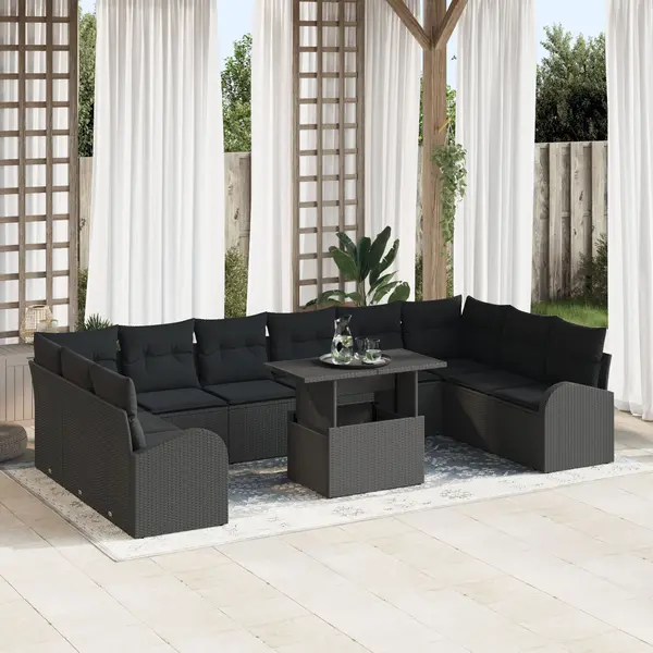 Set de canapele pentru gradina de 11 piese cu perne ratan negru poli, canapea de gradina cu 2 locuri cu spatiu de stocare si perne ratan negru poli