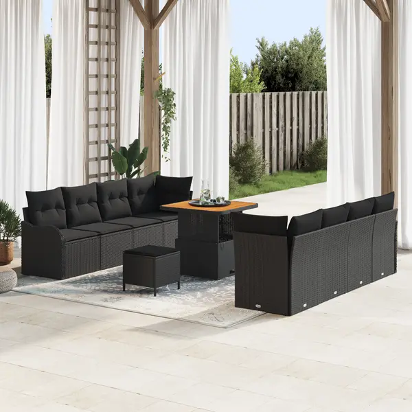Set de canapele pentru gradina Gossi cu 11 piese cu perne negru poliratan acacia, canapea de gradina Gossi pentru doua persoane cu depozitare si perne negru poliratan, set de masa de gradina Gossi cu 3 piese cu perne negru poliratan acacia