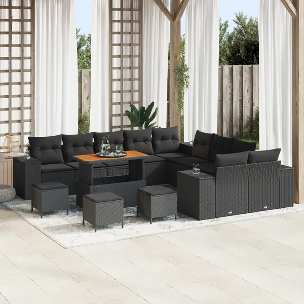 Set de canapele pentru gradina Gossi cu 14 piese si perne din ratan polirat negru acacia, set de dining pentru gradina Gossi cu 4 piese si perne din ratan polirat negru acacia