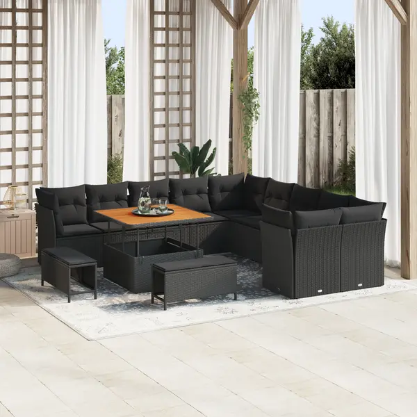Set de canapele pentru gradina Gossi cu perne negre din poliratan acacia, set de dining pentru gradina Gossi cu 3 piese cu perne negre din poliratan acacia