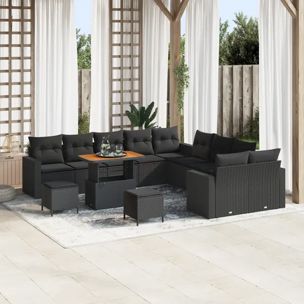 Set de canapele pentru gradina Gossi cu perne negre, set de dining pentru gradina Gossi cu 3 piese si perne negre