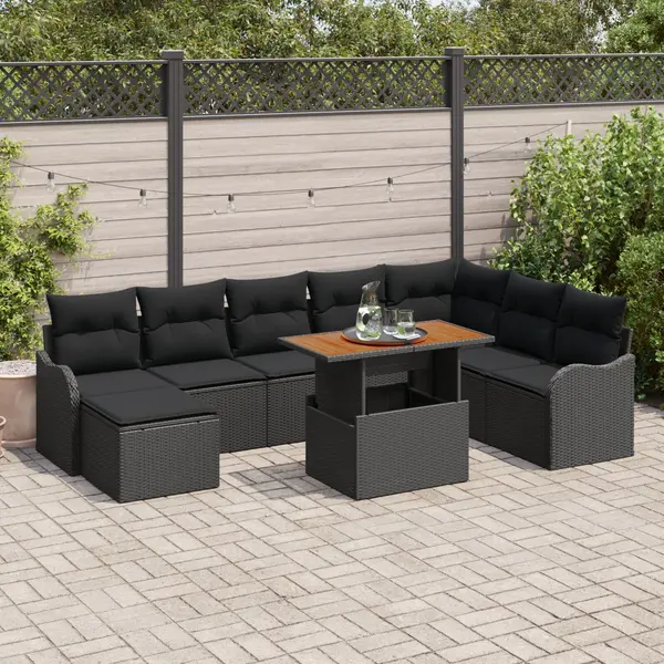 Set de canapele pentru gradina Gossi cu pernute ratan negru poliester acacia, canapea pentru gradina Gossi cu 2 locuri si pernute ratan negru poliester