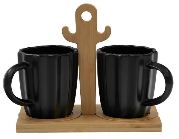 Set de cești de espresso Maison - Cactus, cu bază de bambus, 2 buc., 360 ml, negre