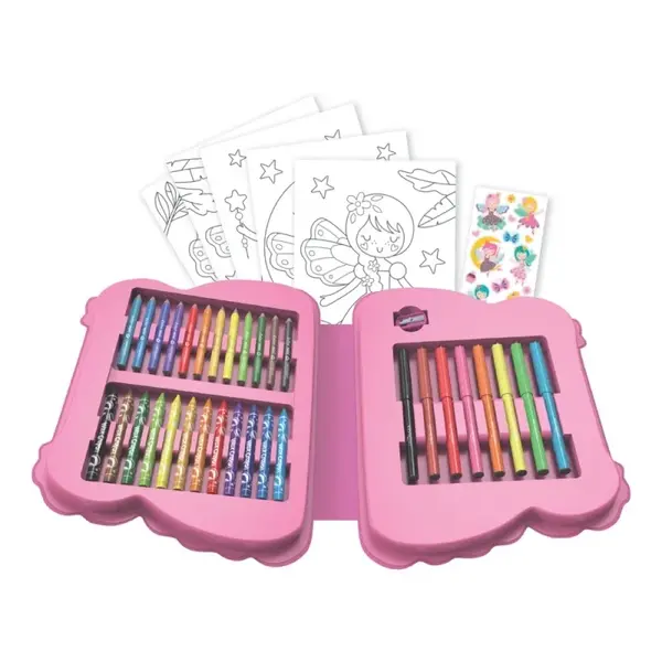 Set de colorat gentuta fluturas-12x creioane colorate, 8x carioci, 12x creioane cerate, 5x coli,16x stickere, ascutitoare
